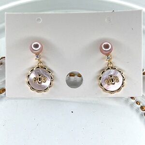 Pink Pearl Drop Earrings with Gold Bee Accent